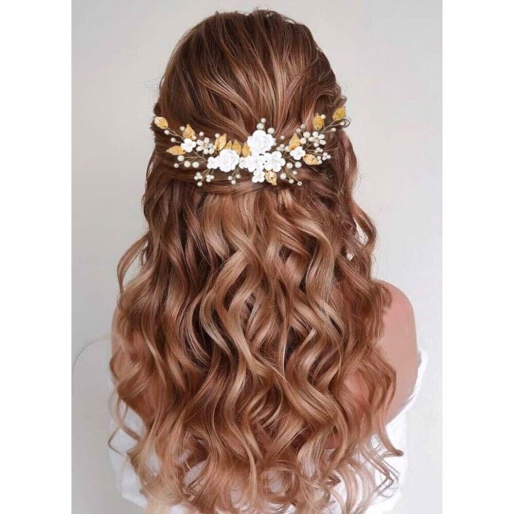 Bridal Leaf Flower Hair Vine for Bride Women Girls Headband Pearls Rhinestone